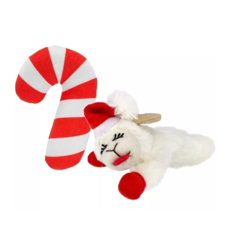 Multipet Lamb Chop Santa Hat Crinkle Candy Cane Catnip Plush Cat Toy 2pk